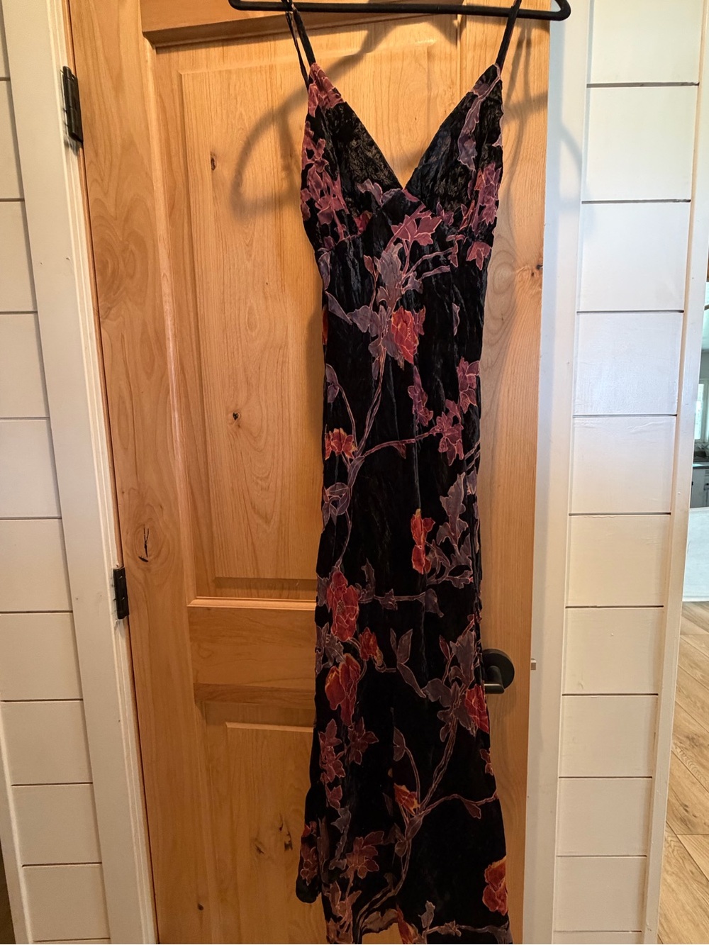 Lulu's Black Velvet Maxi Slip Dress with Plum and Rose Floral